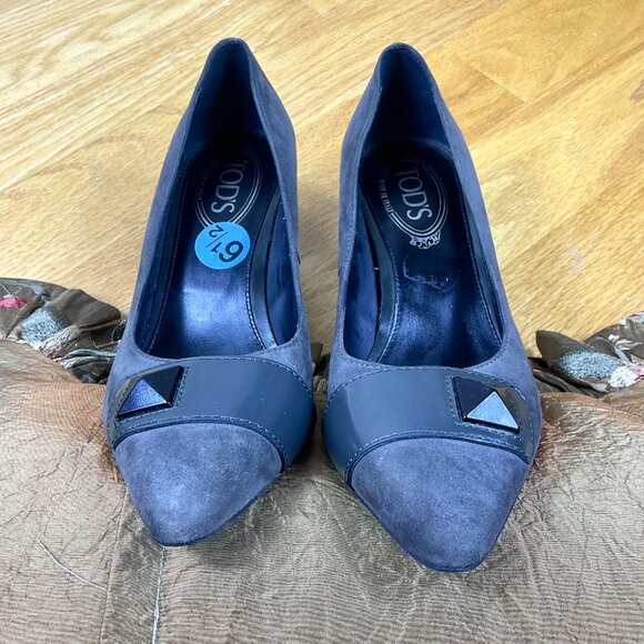 Tod’s Heels Pumps Suede Gray Mid Heel with Patent Leather Accent (37) - Picture 5 of 8